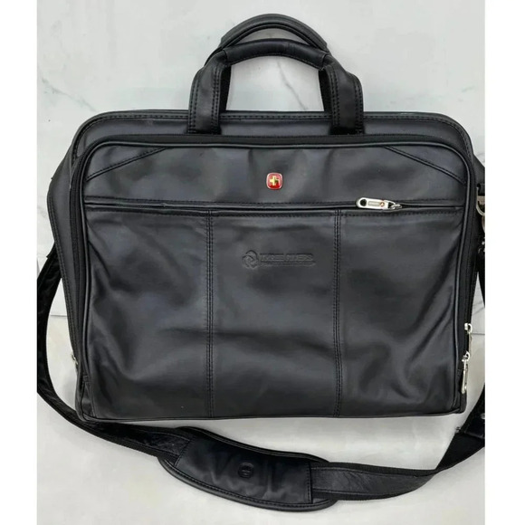 Wenger Mens Executive Leather Briefcase Laptop Bag Black Size 16"x12" - Picture 1 of 13